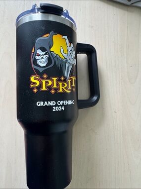Spirit Black Travel Mug with Yellow and Red Logo